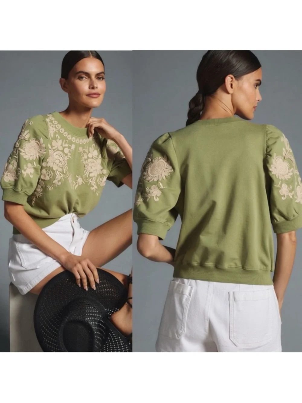 Anthropologie Olive Green Puff Sleeve Embroidered Sweatshirt